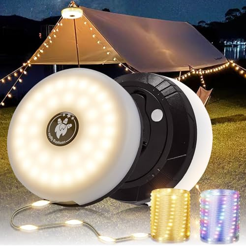 2-Pack Camping Lichterkette Aufrollbar, 4-in-1 Tragbare Wiederaufladbare LED Lichterkette mit 8 Beleuchtungsmodi, USB-Aufladung, 10M Wasserdichte Zeltleuchten für Wandern Weihnachten, Schwarz