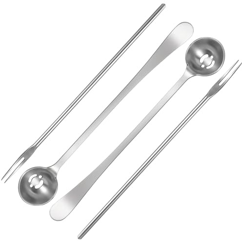 4-Piece Pickle Fork and Olive Spoon Set, 22cm Long Handle Utensils | Silver-Coloured Kitchen Tools & Gadgets for Jars, Appetizers and Serving