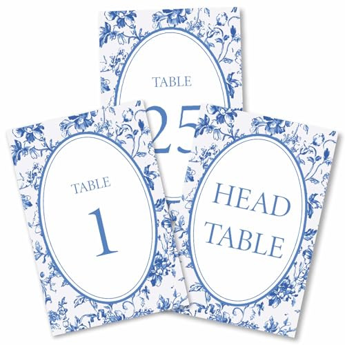 PRESSINART 26 Stück Hochzeit Tischkarten 1-25 Blaue Blüten Tischnummern Chinoiserie Blüten Design Doppelseitiges Papier Sitzordnungsschilder Für Hochzeit Empfang Jubiläum Geburtstag Brautparty
