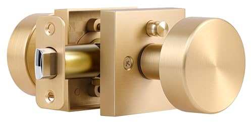 coolnews Satin Brass Door Knob Interior Privacy Door Knobs with Lock, Brushed Brass Door Knobs Modern Square Gold Door Handles for Bathroom and Bedroom