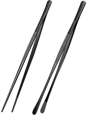Adiwo Kitchen Tweezers Tongs 2pcs, 30cm Extra-Long Non-Slip Cooking Tweezers, Stainless Steel Metal Food Tongs, for BBQ, Frying, Salad, Hot Pot, Air Fryer, Black - Straight Head + Round Head
