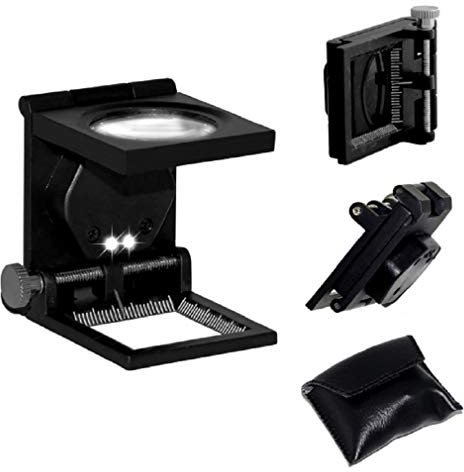 Faltlupe Fadenzähler Messlupe Lupe mit LED Glaslinse und Skalierung inkl. Leder Etui - 5-fache Vergrößerung Zoll- und mm-Skala - Faltbare Standlupe mit LED-Beleuchtung inkl. Ledertasche