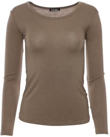 Easy Young Fashion - Damen Basic Rundhals Shirt - Langarm Unterziehshirt - Skinny Fit 1093 - Hellbraun M