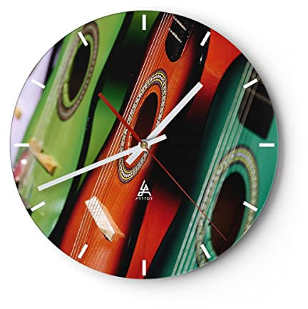 Modern Wanduhr Gitarre Musik Instrument 40x40cm Rund Groß Wand Uhr Glas Analog Zimmeruhren Küche Büro Wohnzimmer Glasuhr Wall Clock Dekoration Design Wanddekoration Küchenuhr C3AR40x40-2113