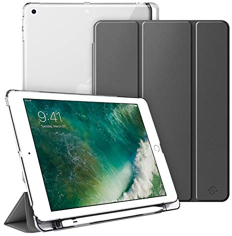 Fintie Funda Compatible con iPad 9.7 (2018/2017) con Soporte Integrado para Pencil - Trasera Transparente Carcasa Ligera Función de Auto-Reposo/Activación, Gris Oscuro