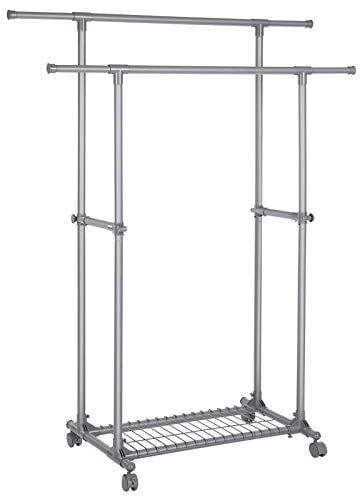 SONGMICS Kleiderständer Doppelstange, Kleiderständer, mobil, ausziehbar zwischen 87 und 150 cm, mit Rollen und Aufbewahrungsregal, Tragkraft 70 kg, für Mäntel, Schals, Grau, LLR13GY