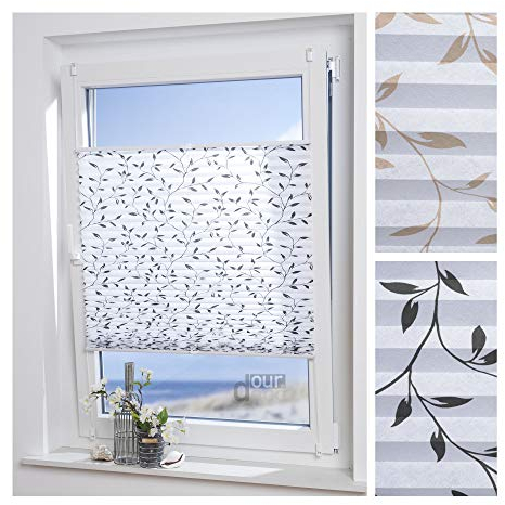 ourdeco® Plissee Filigran / 90 x 130 cm (Breite x Höhe) / Stoff: weiß, Muster: schwarz/lichtdurchlässig, gedrucktes Motiv Blätter/Klemmen=Montage ohne Bohren=Smartfix=Klemmfix-Plissee=Easy-to-fix