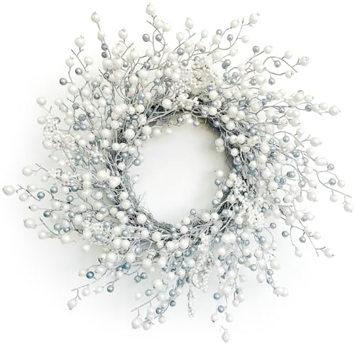 Huashen 61 cm Frühlingstür Kranz Winter Beeren Kranz Metallic Effekt Perle Weiß & Silber Beere Weihnachtskränze für Haustür Wand Fenster Hängende Weihnachtsdekoration Heimdekoration