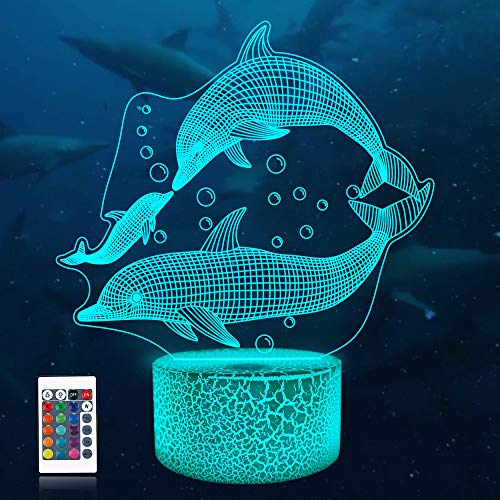 CooPark 3D Delfin Illusion lampe, Ozean LED Optisches Hologramm Nachtlicht 16 Farben ändern sich mit Fernbedienung, Kinder zimmer Dekor Kreative Geschenke für Weihnachten Geburtstag Jungen Mädchen