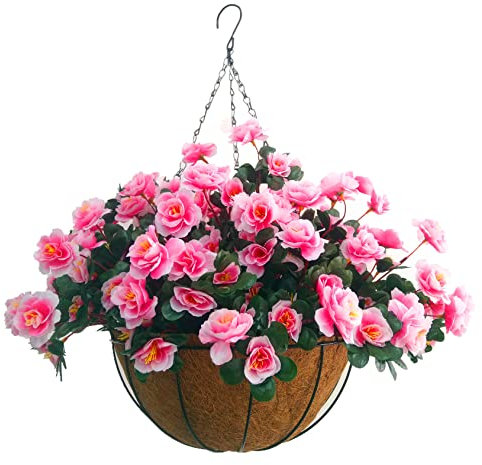 Canasta colgante de seda rosa con cadena de flores rosas para interiores y exteriores, con maceta, rododendro falso, flores artificiales azalea (cesta pequeña)
