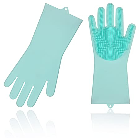 Vgo... Dishwashing Cleaning Sponge Gloves Reusable Silicone Brush Scrubber Gloves Heat Resistant (SI2142, Pink Blue, L, 1Pair)