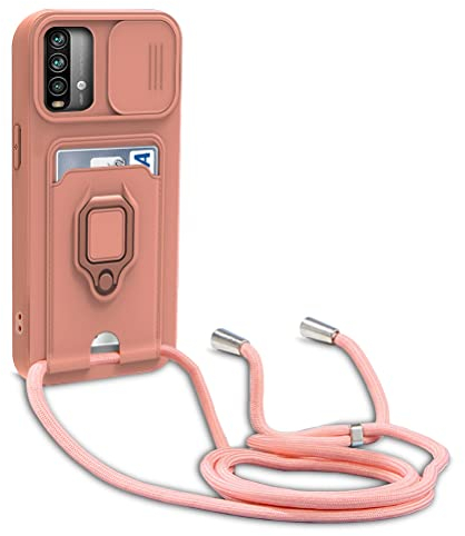 yanasuo Schiebe Kameraschutz Silikon Handykette Hülle kompatibel mit Xiaomi Poco M3/Note 9 4G/Redmi 9 Power/Redmi 9T, Metall Ring Halter Handy Cover,Verstellbarer Halskette Handyhülle-Pink
