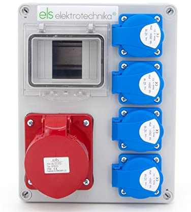 ELS Elektrotechnika Steckdosenverteiler Baustromverteiler Wandverteiler Leer Leergehäuse Schuko Steckdosen 4x230V und 1 x CEE 32A zur Nachrüstung mit modularen Geräten, Verkabelt, für Innen und Außen