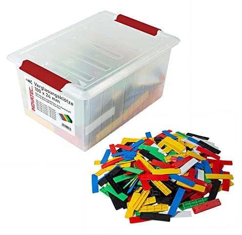 300 x INOVATEC Verglasungsklötze Glasklötze 100 x 24 x 1-6mm Trageklötze Montage Fenster Tür in praktischer wiederverwendbarer Box mit Deckel und Clips