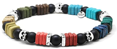 Nato Cuff - 925 Sterling Silber Totenkopf Skull Armband - Griechische Keramikperlen - Onyx Perlen Halbedelsteine -Herren und Damen schmuck Handgefertigt in Frankreich (Medium 17cm)