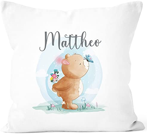 SpecialMe® Kissen-Bezug Kinder Tiermotive Bär, Hase, Fuchs mit Namen Namenskissen Kinder Baby personalisierte Geschenke Bär weiß Standard