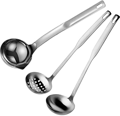 Cuchara para Desnatar Grasa Cucharón de Sopa de Acero Inoxidable 304 Cuchara de Filtro de Aceite de Acero Inoxidable Separador de Aceite de Acero Inoxidable para Filtrar Grasa, Espuma, Sopas 3 Piezas