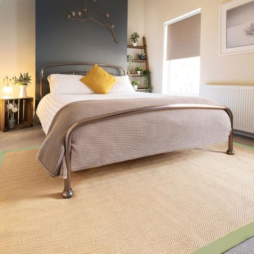 Natural Sustainable Olive Green Cotton Border Herringbone Jute Area Rug Soft Durable Flatweave Mat Sisal Living Room Entrance Kitchen Hallway Carpet Rugs 200cm x 290cm