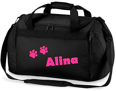 minimutz Sporttasche mit Pfoten | Personalisiert mit Namen | Sporttasche für Tierliebhaber Kinder | Hundetasche für die Tierpension | Reisetasche und Urlaubs-Tasche für Tiere (schwarz)