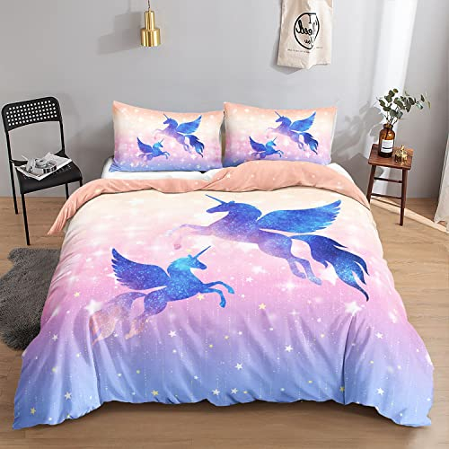 HOSIMA Einhorn-Bettwäsche-Set für Erwachsene, Jungen und Mädchen, Glänzender Blauer Einhorn-Druck, Bettbezug mit 2 Kissenbezügen (Blaues Einhorn S)