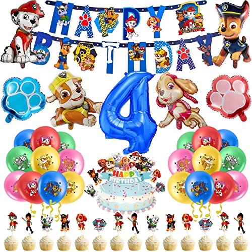 53 PCS Paw Luftballons Geburtstag 4 Jahre Jungen Mädchen Hund Patrol Geburtstagsdeko Ballon Deko 4. Geburtstag Folienballon Happy Birthday Banner Cake Topper Tortendeko für Kindergeburtstag Party Deko