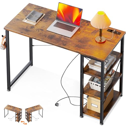 ODK Kleiner Schreibtisch, 100x40x75cm Computertisch mit 3 Steckdose und USB Ladeanschluss, PC Tisch mit Umkehrbarem Regal Tisch Klein fürs Büro, Wohnzimmer, Braun