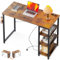 ODK Kleiner Schreibtisch, 100x40x75cm Computertisch mit 3 Steckdose und USB Ladeanschluss, PC Tisch mit Umkehrbarem Regal Tisch Klein fürs Büro, Wohnzimmer, Braun