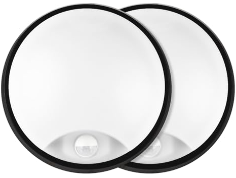 LED Wandlampe für den Außenbereich, rund, 18W, 4000K, 2200lm, IP65 Wasserdicht, LED Deckenleuchte mit Bewegungsmelder für Garten, Terrasse, Garage, Flur, Keller, Wintergarten, Schwarze, 2 Stück