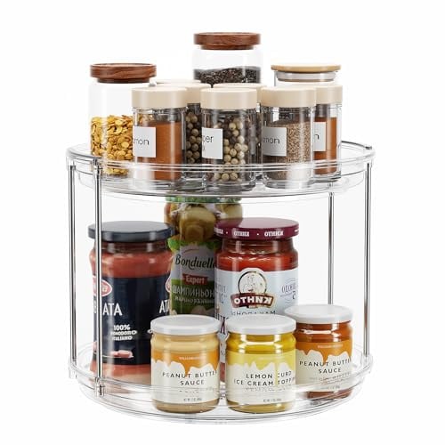 LAMU 2 Tier Lazy Susan Turntable Organizer Rotating Spice Rack Organization for Cabinet, Kitchen, Pantry, Countertop, Bathroom, Vanity, Medicine Cabinet Organizer, Clear, 23.5CM
