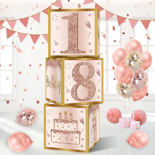 Guiruiy 3Pcs 18th Birthday Decorations Boxes for Girls Women, Pink Rose Gold 18th Birthday Balloons Boxes Party Supplies, Pink Eighteen Year Old Birthday Theme Cardboard Box Decor