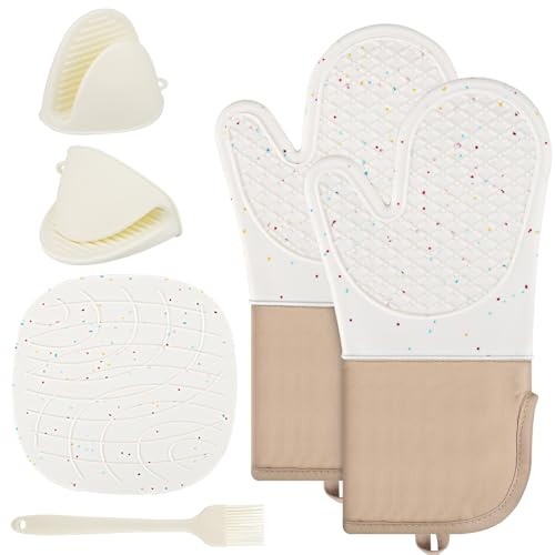 Gants de Four,Maniques,Set de 6 Silicone Gants de Cuisine, résistant à la Chaleur jusqu'à 230 °C - pour BBQ Grillage Pâtisserie Four de Cuisson