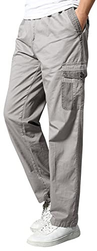 Multi Pocket Cargo Pants Men, Mens Combat Trousers Elasticated Waist Stretch Work Trousers Loose Fit Combat Pants for Men UK Summer Plus Size Caro Trousers Lightweight Breathable Pants Grey