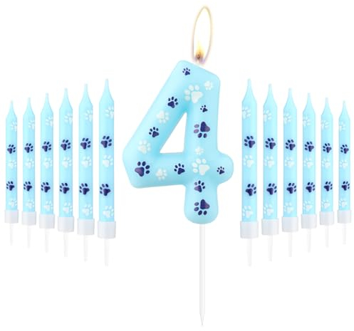 Kerzen Zum 4. Geburtstag Mit Blauer Hundepfote - Kuchendekoration Zahl 4 Für Jungen Und Mädchen Geburtstagsparty