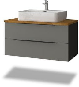 Stil.Zeit Badmöbel Thor inkl. Aufsatz Waschbecken, Waschtisch mit Unterschrank, 96cm, Korpus: Anthrazit, Front: Schiefergrau, Ablage: Eiche, Metallgriffe, hängend/Wandmontage