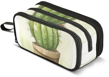 Cactus Pencil Case, Large Capacity Pen Bag for Boys Girls 3 Compartment Pencil Pouch Students Stationery Organizer Marker Case for School Office Work