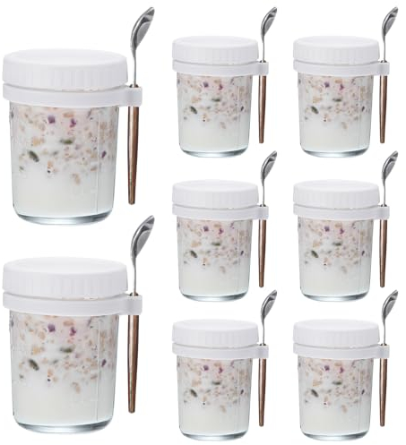 QUARKZMAN Noche Avena Recipientes con Tapas, 8uds - 10 Oz Noche Avena Frascos con Cucharas y Medida Marcas, Albañíl Vidrio Tarros para Leche Cereal (Blanco)