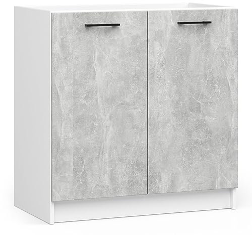3E 3xE living.com Küchenspülenschrank: Zwei Türen, EIN Regal, Farbe: Weiß | Beton, A: B: 80 cm, H: 82 cm, T: 46 cm.