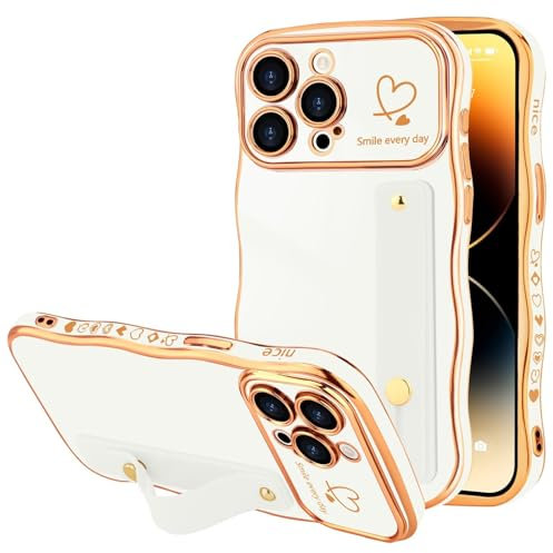 LLZ.COQUE for iPhone 14 Pro Case, Luxury Plating Love-Heart Wave Frame Shape Design, Adjustable Hand Strap Stand Cover, Shockproof Bumper Girls Women Phone Case for iPhone 14 Pro, White