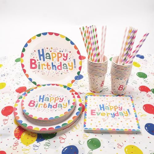 BERRYLION Rainbow Happy Birthday Party Tableware Set - 121 Pcs Paper Plates, Cups, Straws, Napkins and Tablecloth - Rainbow Birthday Party Decorations for 20 Guests