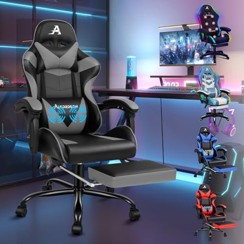ALFORDSON Massage-Gaming-Stuhl, 150° Neigung, ergonomischer Chefsessel, PU-Leder mit Fußstütze, höhenverstellbar, Rennstuhl, 180 kg Tragkraft, Grau