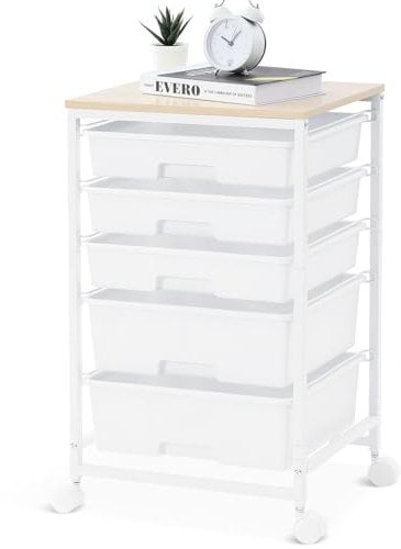 SYKIARIOL Rollwagen Badrollwagen mit 5 Schubladen, Küchenwagen mit Rädern mit Tischplatte aus Holz, Rollcontainer für Küche, Wohnzimmer, Schlafzimmer, Büro, Weiß