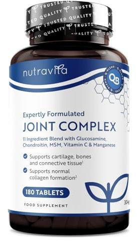 Complejo Articular Glucosamina Condroitina con Vitamina C + Vitamina D + MSM y Manganeso - 180 Comprimidos de Glucosamina para 6 Meses - Suplementos Articulares para Hombres y Mujeres - Nutravita