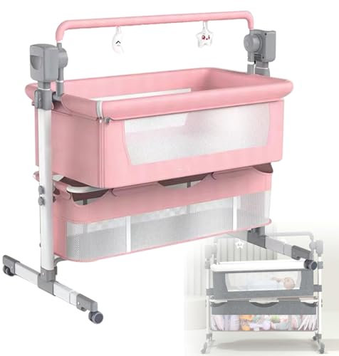 Baby-Beistellbett, Babywiege, umbaubares Kinderbett, multifunktionale, tragbare, Faltbare Babyschaukelwiege mit Bluetooth-Musik, 5 Schaukelgänge, Fernbedienung,Pink
