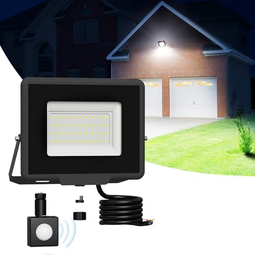 30W Projecteur LED Extérieur avec Détecteur de Mouvement, Capteur Amovible, IP65 Étanche, 3000LM 6500K Blanc Froid - Spot de Sécurité pour Jardin, Garage et Cour