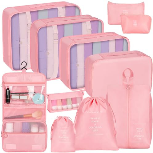 Coolzon Packing Cubes, Koffer Organizer Set mit 11 für Reise Wasserdicht Handgepäck Wäschesack Organizer für Schuhbeutel, Rosa