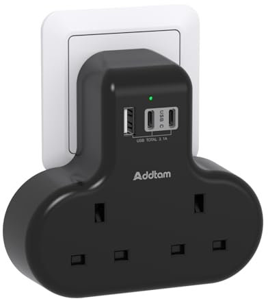 Addtam Double Plug Extension with 3 USB Ports (2 USB-C), 2 Way Multi Plug Adaptor, 13A UK 3 Pin Socket Extension for Home, Office, Travel and School Supplies (Black)