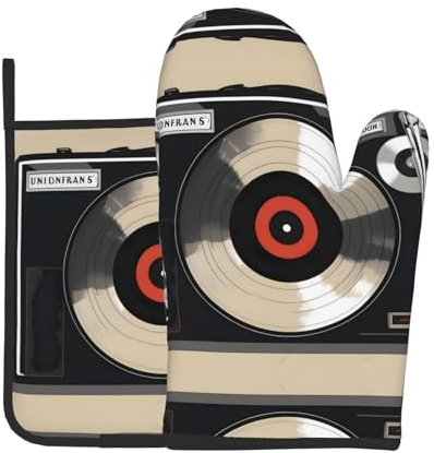 WZYWHJ Vintage Vinyl Record Printed Oven Mitts and Pot Holders Set for Cooking, Microwave, Grilling - with Lanyard Design