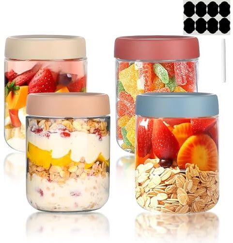 Overnight Oats Jar, 4 Pcs Glass Container with Sealed Screw Lid, 16 Oz Wide-Mouthed Sealed Food Storage Container, Mason Salad Jar is Used to Store Grains, Yogurt, Fruits, Candies, and Jams.