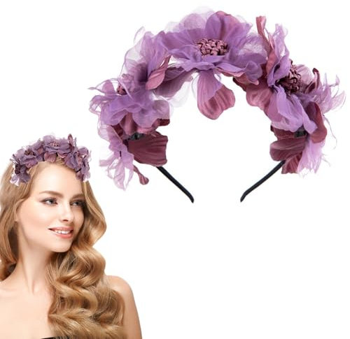 Purple Flower Headbands for Women, Wedding Floral Bridesmaid Bride Tiara Headband Girls Purple Hair Accessories