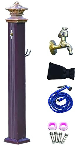 Garten Wassersäule aus Edelstahl und Aluminium, Wasserzapfsäule Garten, Zapfstelle Garten mit Kupferhahn und Wasserpistole, Gartenschlauch Ständer (114 cm)